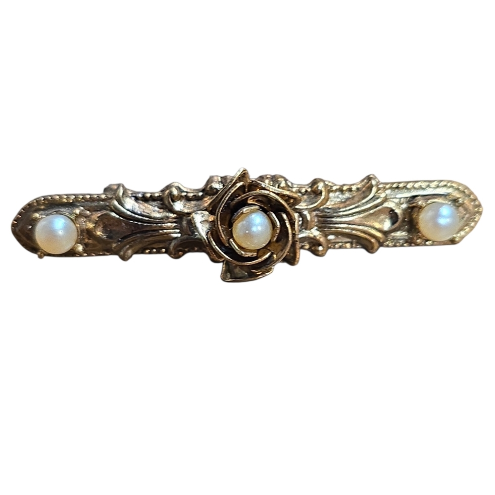 Vintage Art Nouveau Bar Brooch Faux Pearl Set
